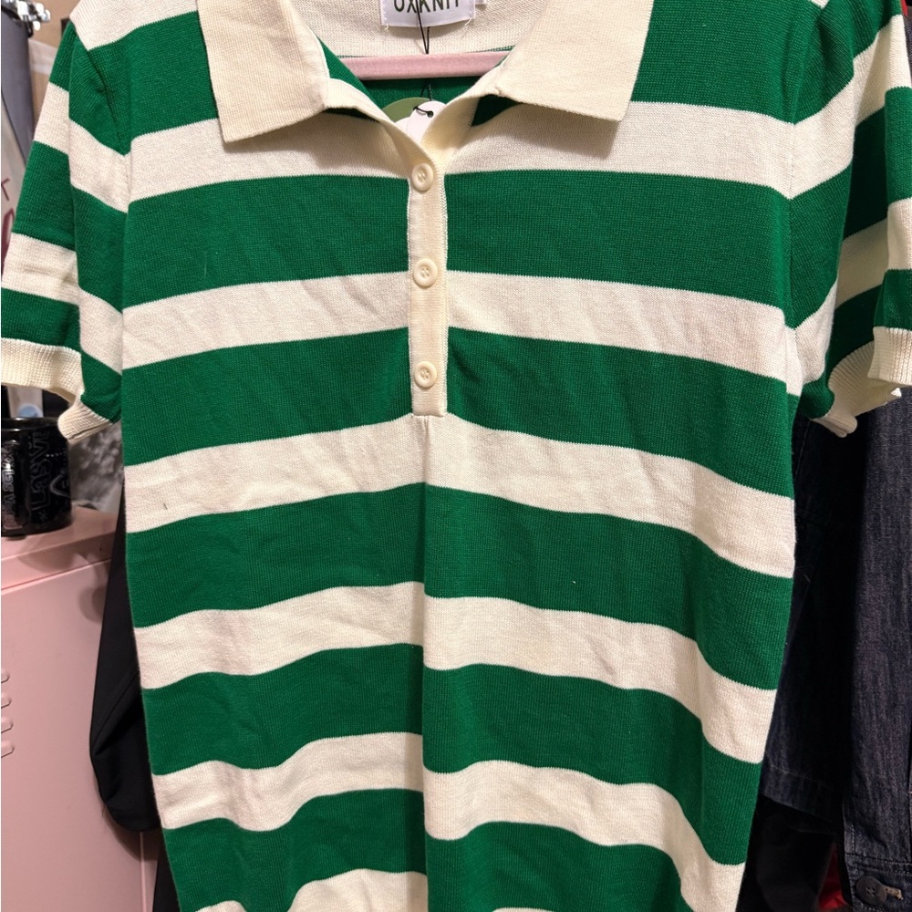 Green and Cream Striped Women's Polo Sweater